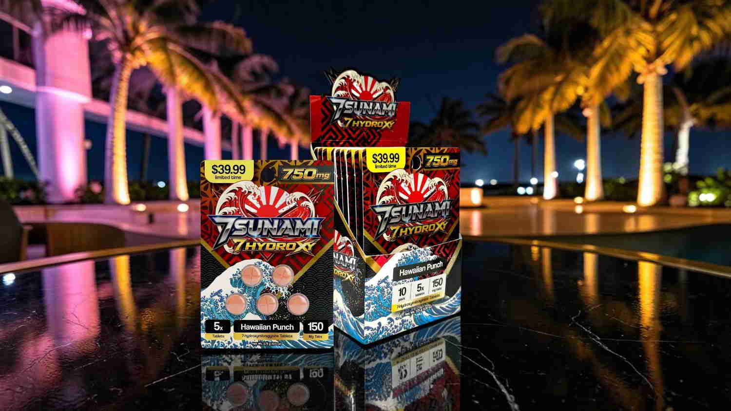 Two boxes of fireworks displayed outdoors at night with palm trees.