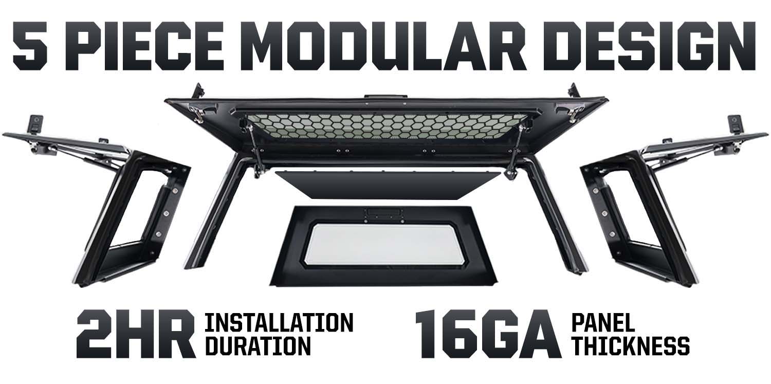 5 piece modular design with installation time and panel thickness details.