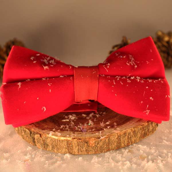 A red bow tie on top of a wood slice with fake snow