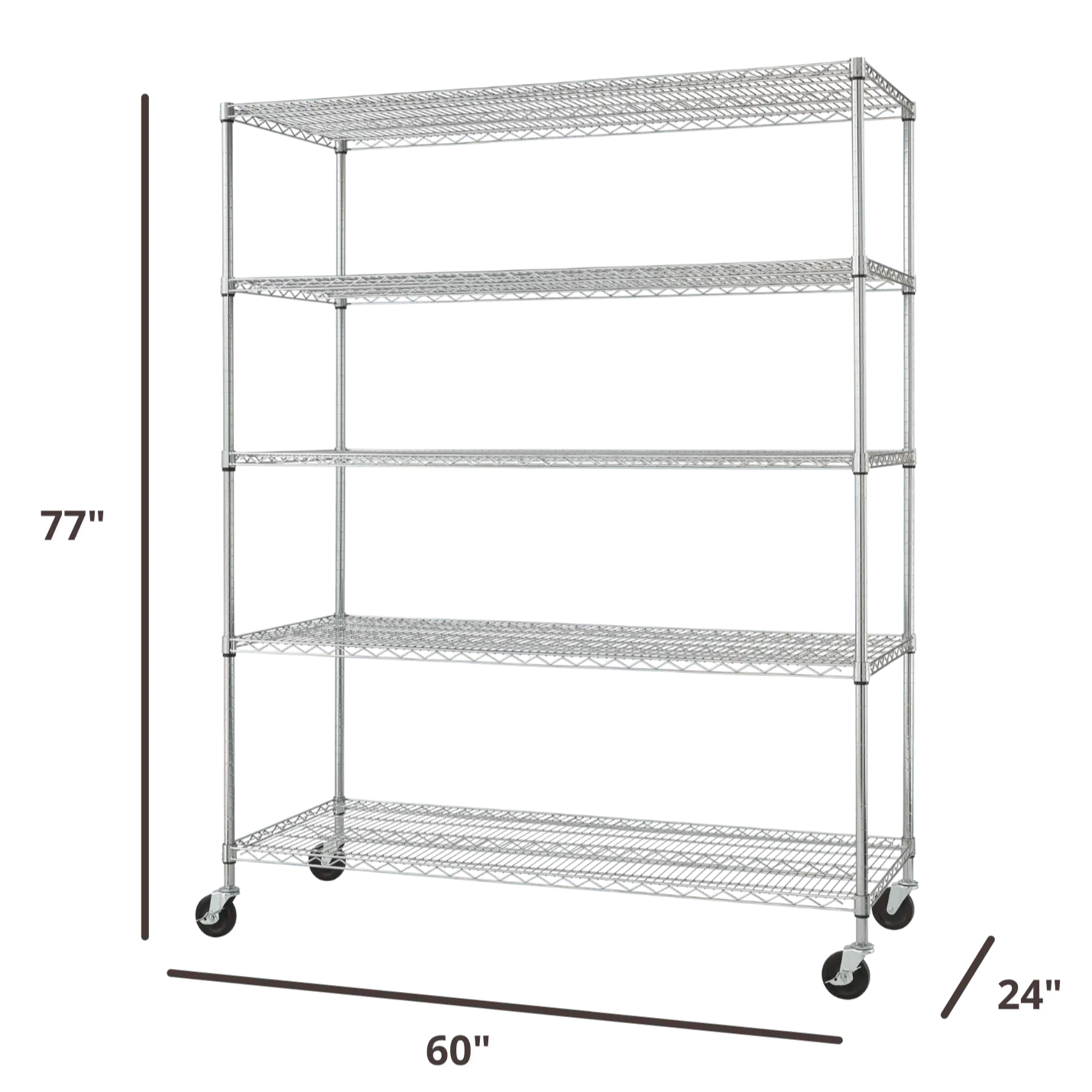 60 inches wide by 24 inches deep wire shelving rack in chrome