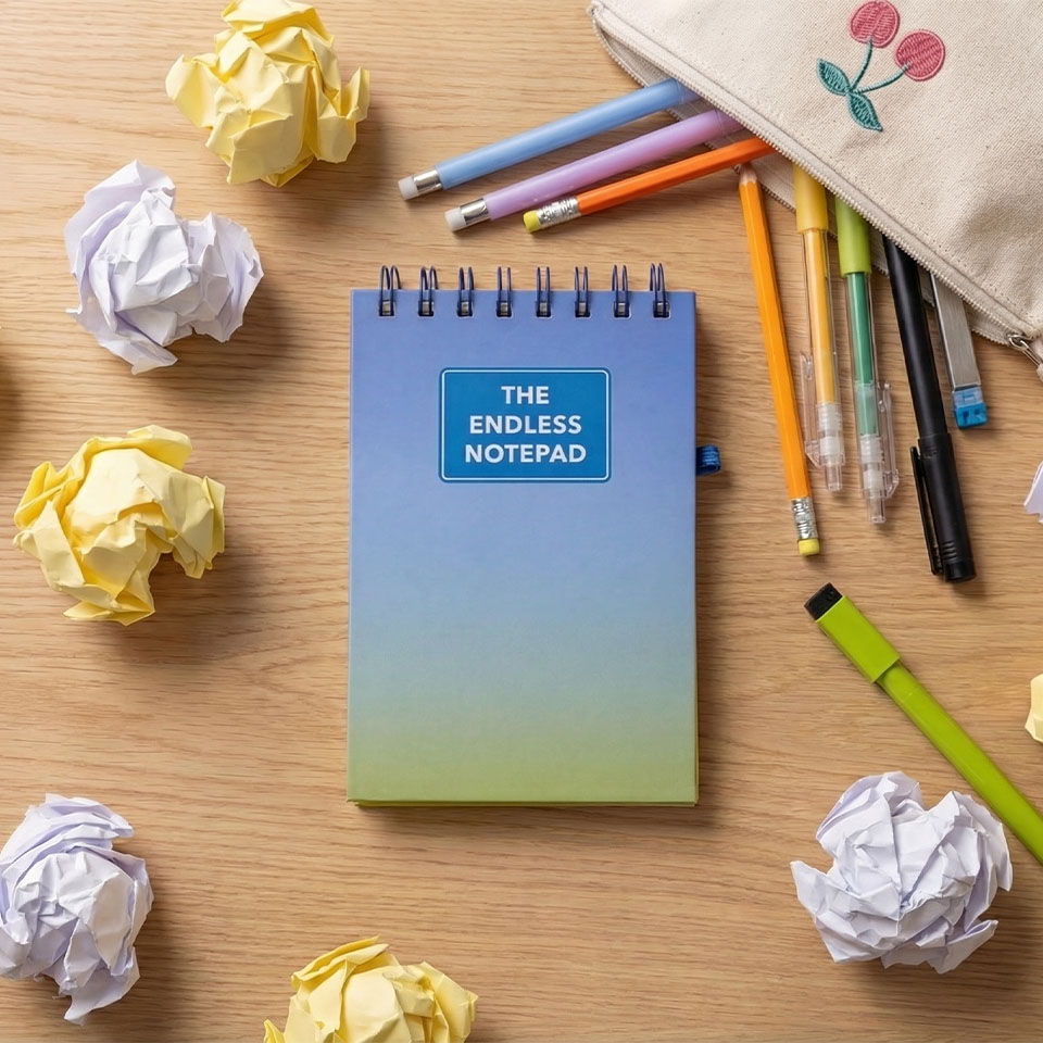 A notepad surrounded by crumpled paper and colorful pens on a wooden table.