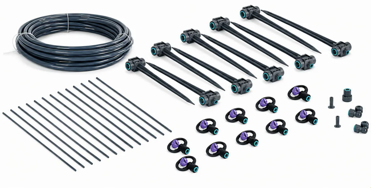 Garden irrigation system components including tubing, stakes, and connectors.