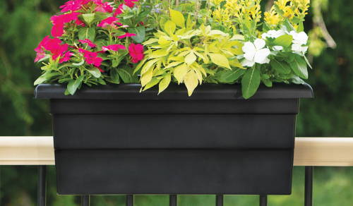 Black deck railing planter with flowers 