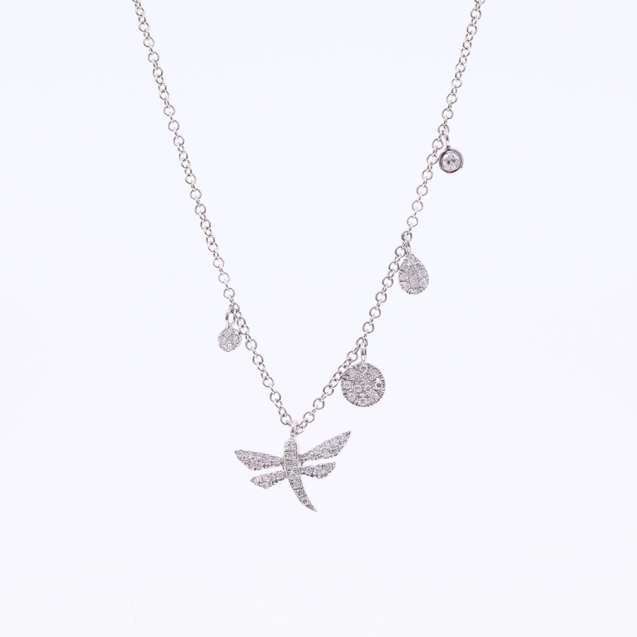 pave dragonfly and diamond accent necklace in white gold
