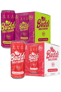 Cans and boxes of Buddi Seltzers in various flavors.