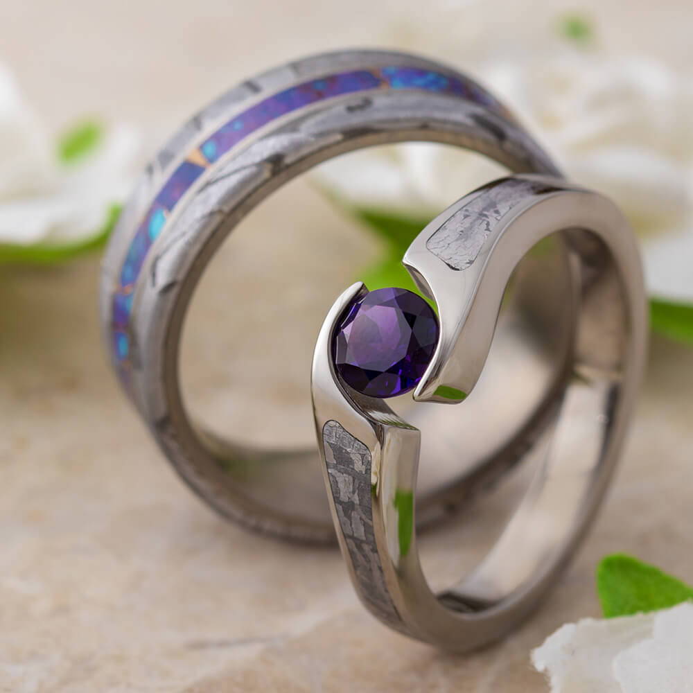 Couples Rings with Matching Purple and Meteorite Materials