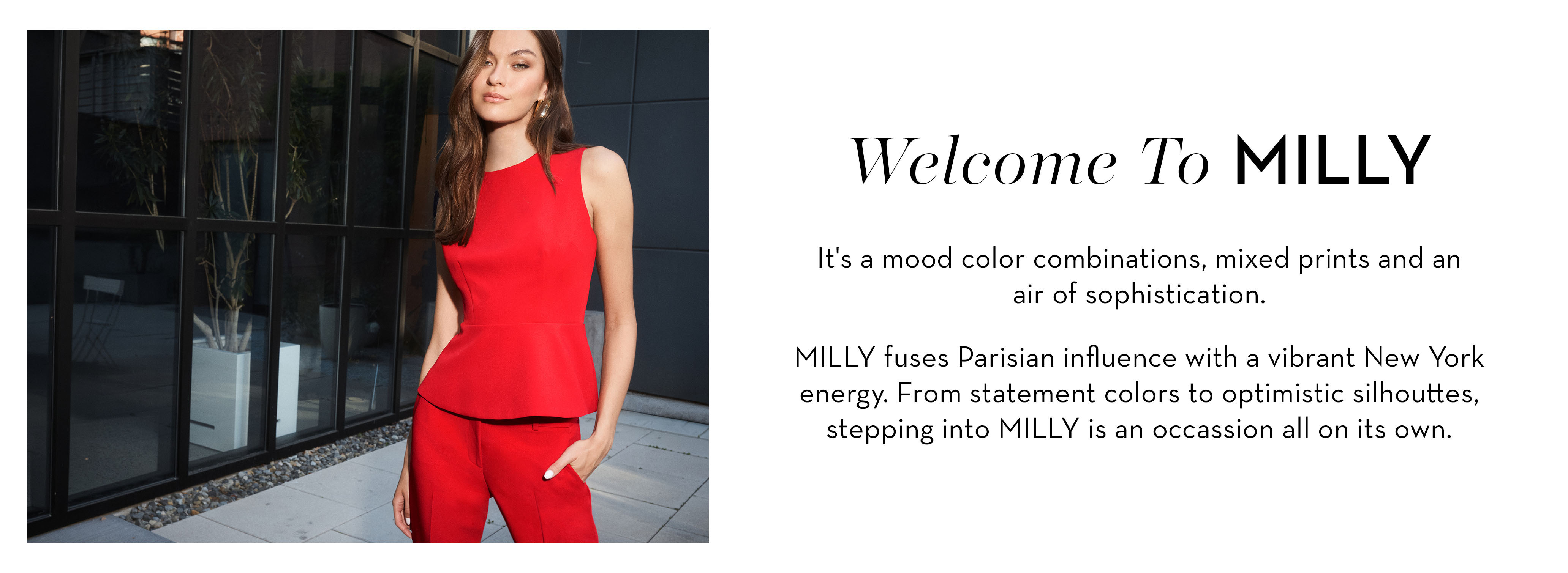 Woman in a red outfit, promoting the fashion brand MILLY.