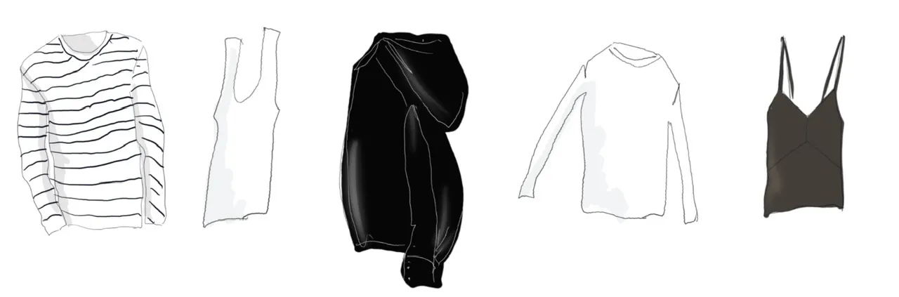 Illustration of various clothing items including tops and tank tops.