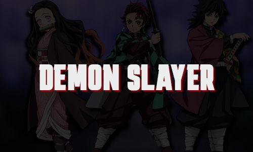 Three characters from Demon Slayer with the title text displayed prominently.
