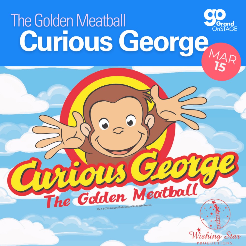Curious George with outstretched arms and text promoting 