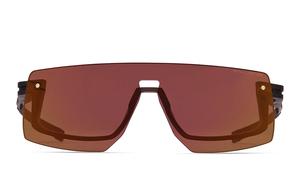 Brown sporty sunglasses with a wide lens design and black accents.