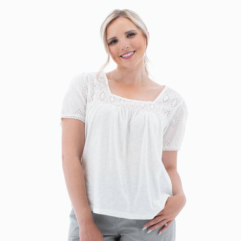 Detail view of Seychelle short sleeve top in white color.