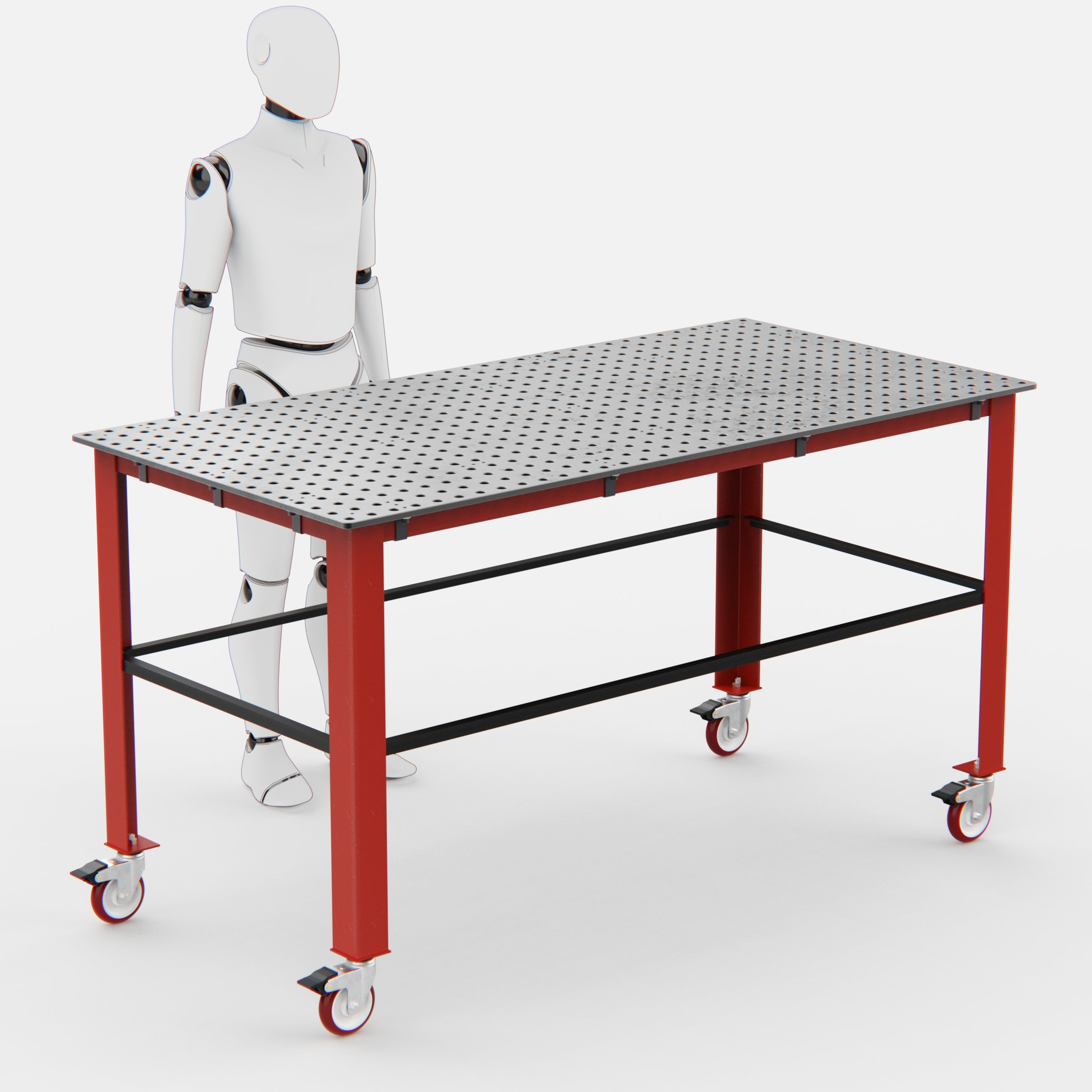 Red and black workbench with a perforated surface and wheels.