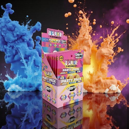 Colorful party pack display with blue and orange powder explosions in the background.