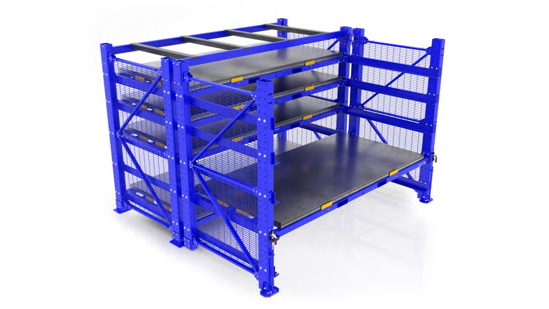 Blue metal shelving unit with three shelves and mesh sides.