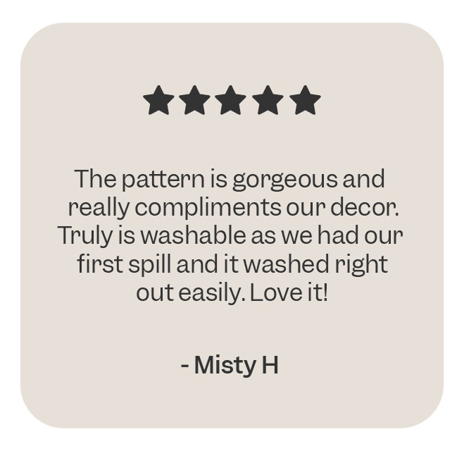 Customer review praising pattern, washability, and decor compatibility.