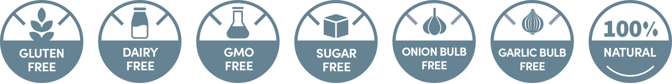 gluten free, dairy free, gmo free, sugar free, onion bulb free, garlic bulb free, 100% natural