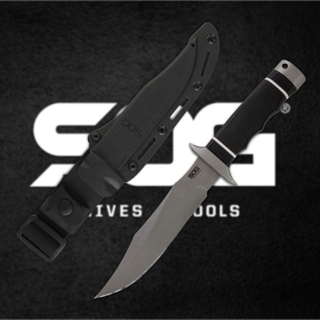 SOG knife with sheath on a dark background.