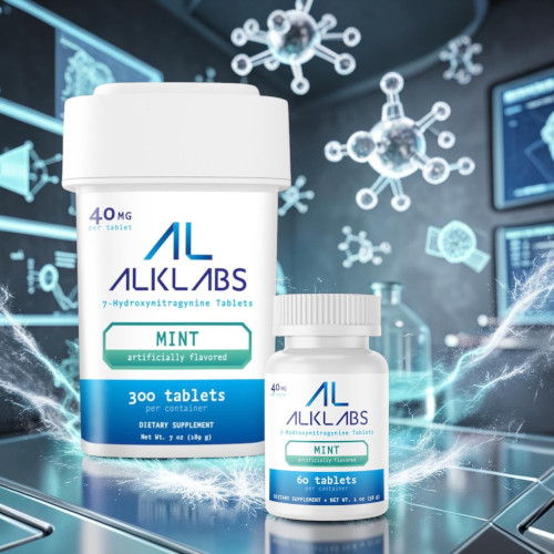 Bottles of ALKLABS mint tablets on a high-tech background.