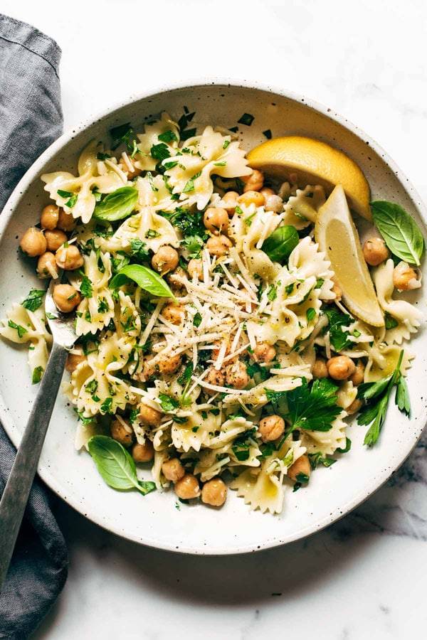Farfalle pasta in a lemon herb dressing with chickpeas and herbs