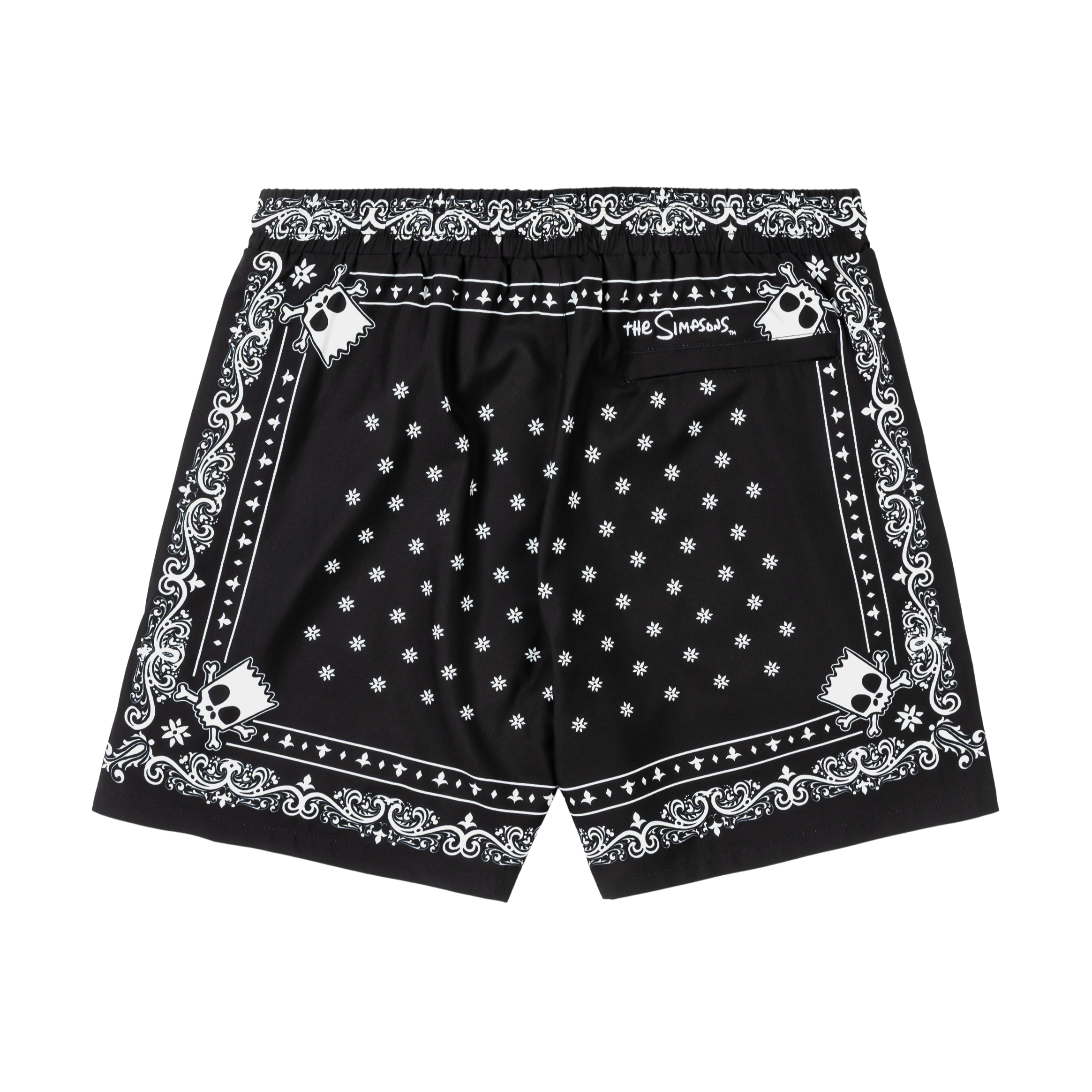 Black shorts with white bandana pattern and drawstring waist.
