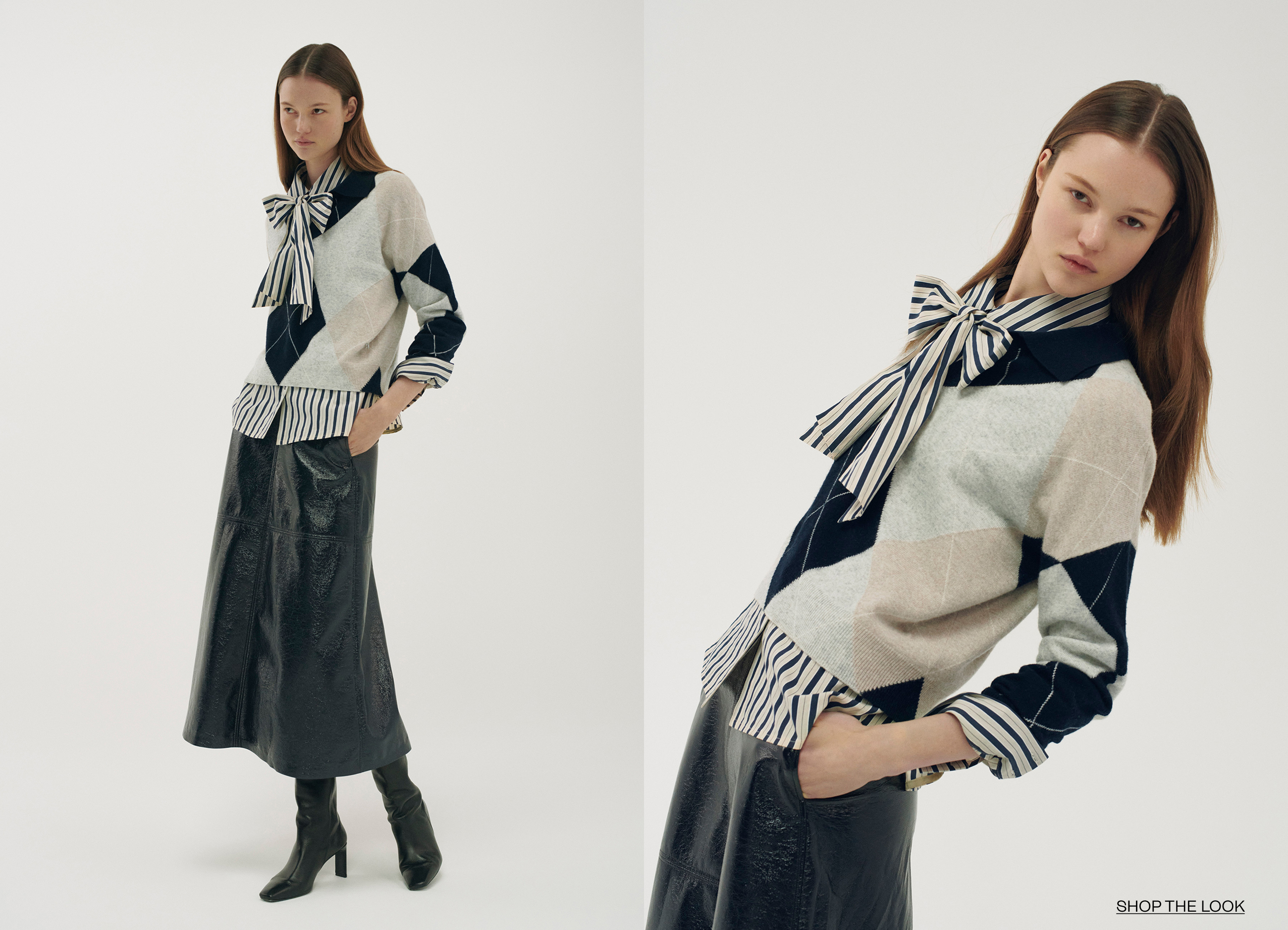 Model wearing a stylish outfit with a bow tie and a long skirt.