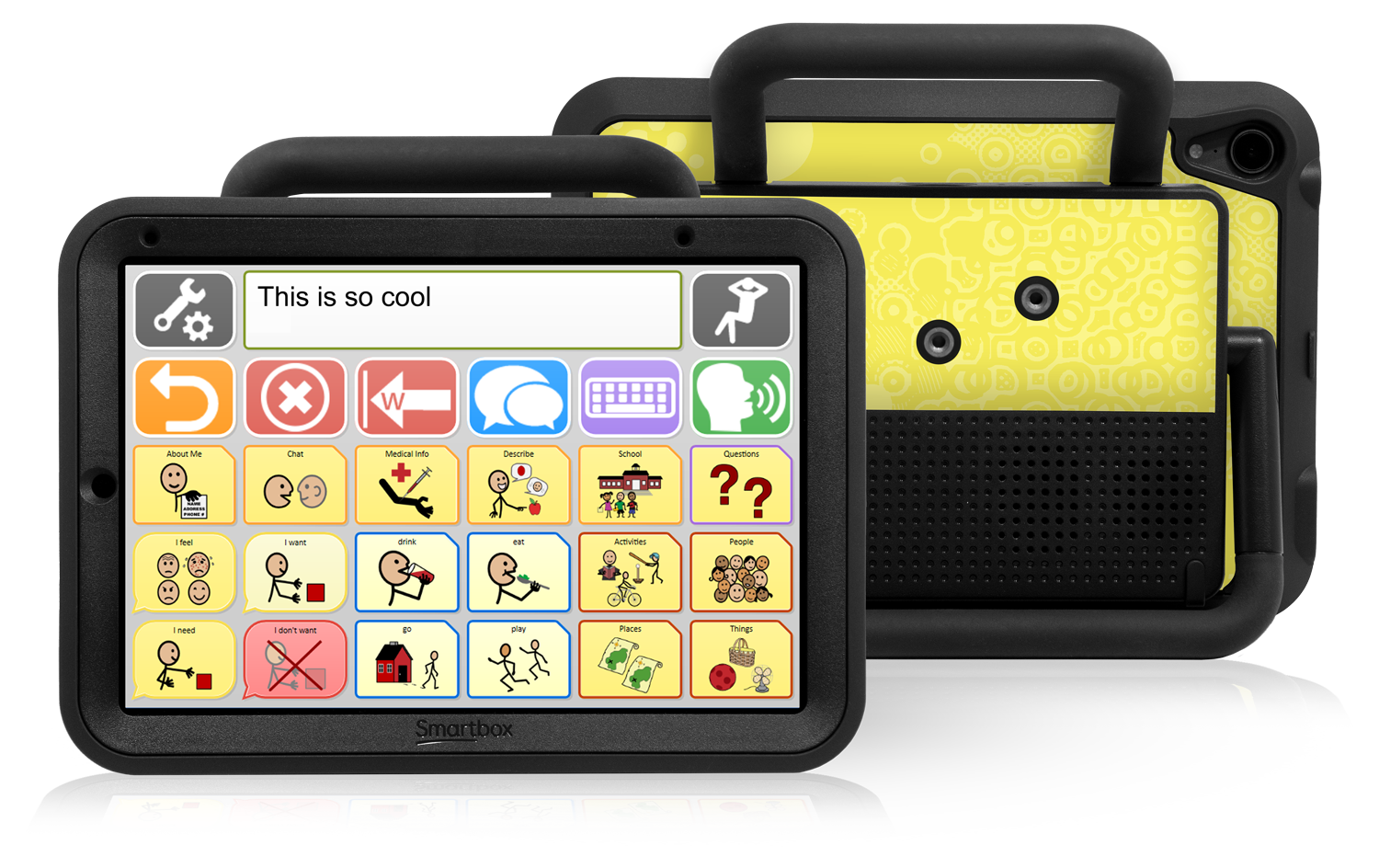 Front back image of talk pad 8 wego edition with quickstep 30 vocab and canary yellow skin
