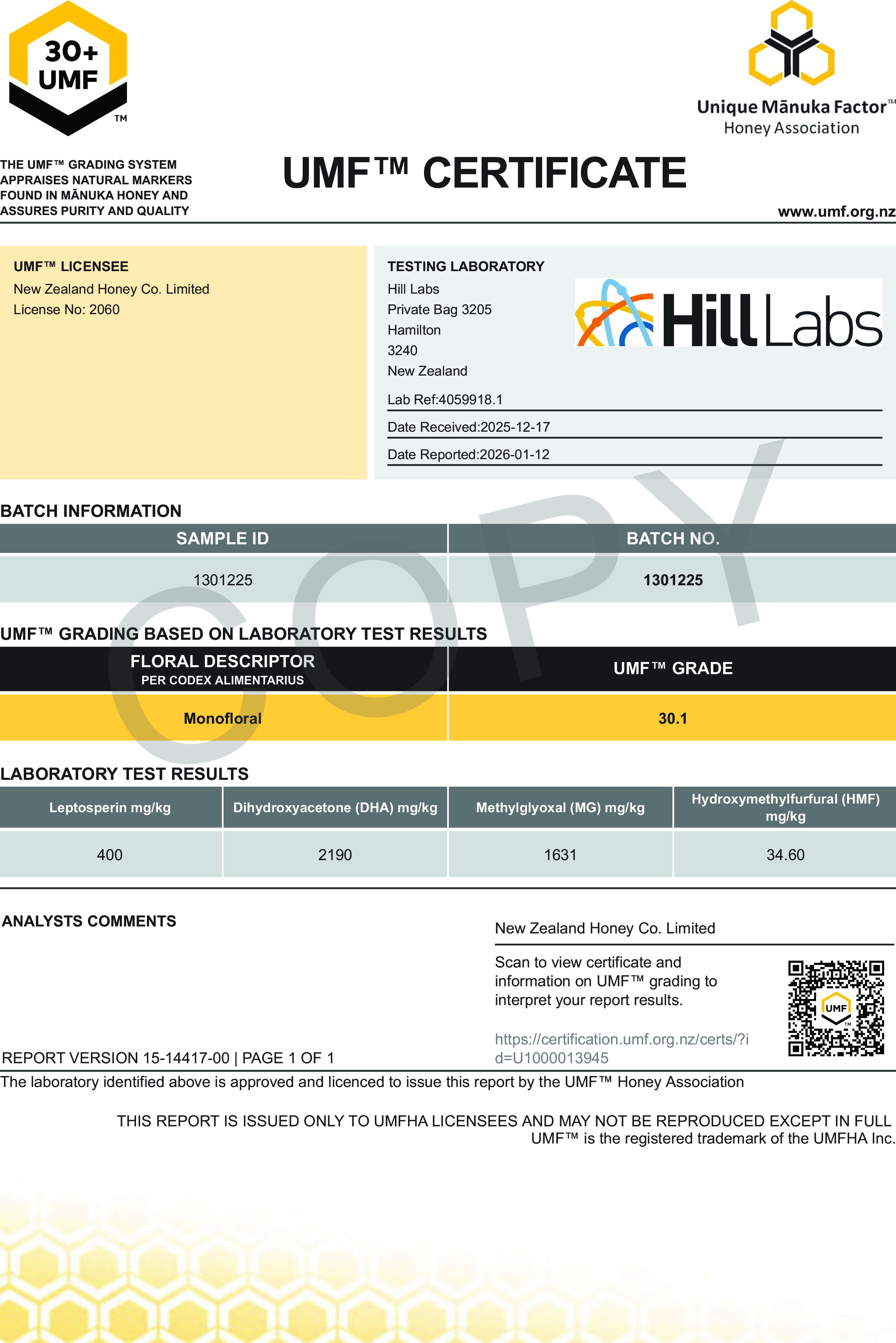 UMF certificate from Hill Labs with test results and grading information.