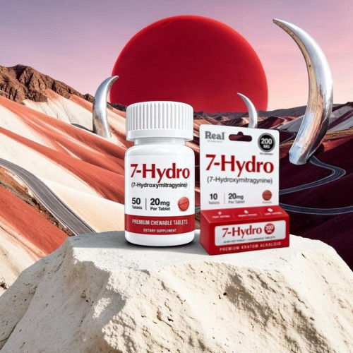 7-Hydro supplement bottle and box against a surreal landscape background.