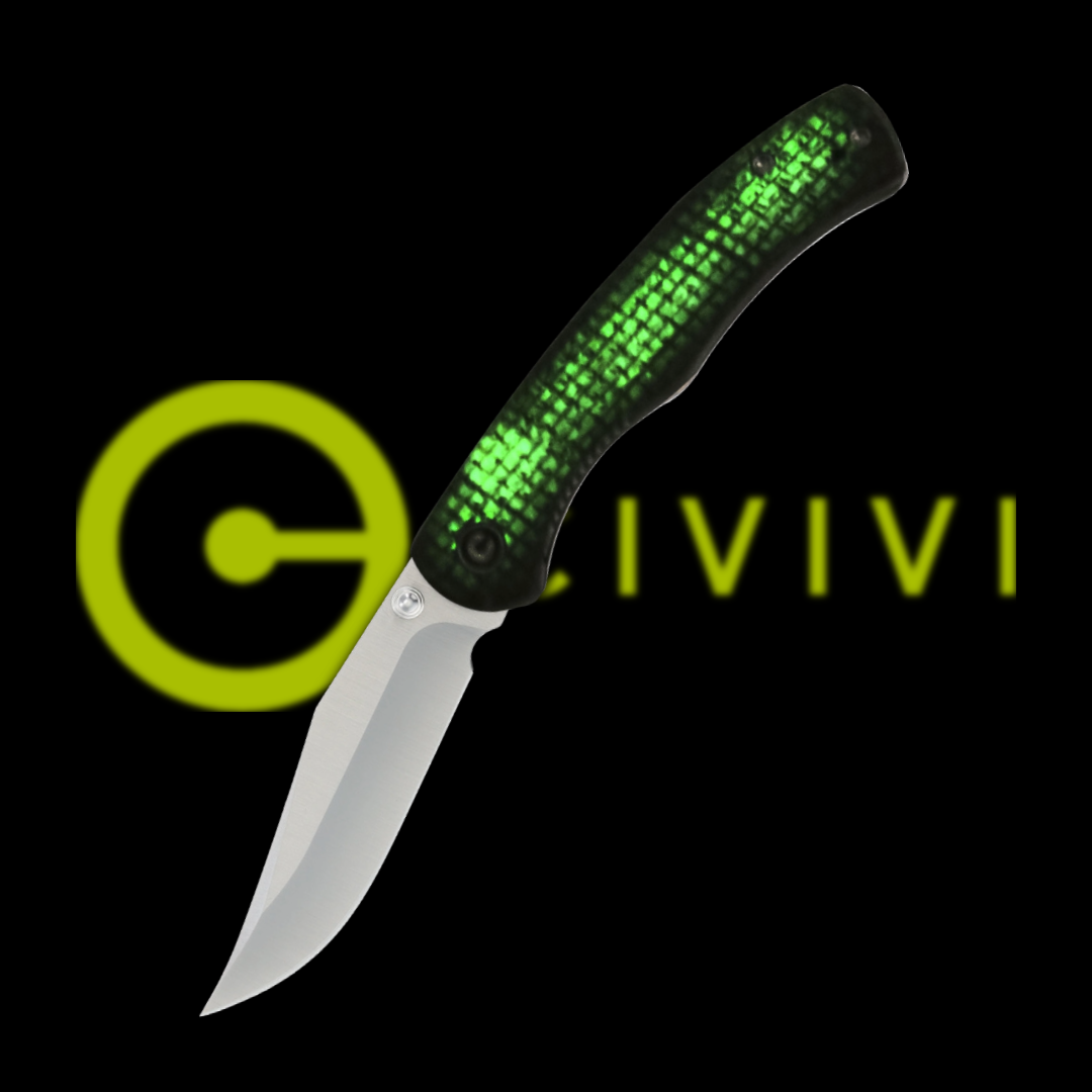 Knife with a green textured handle against a black background.