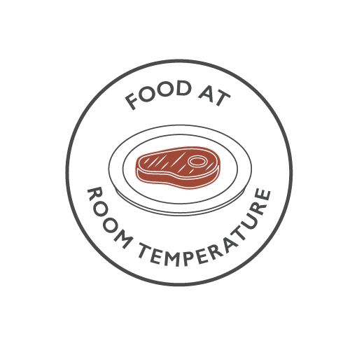 Food at room temperature with a steak illustration.