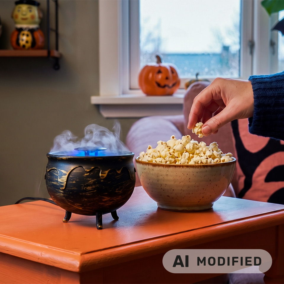 Main tendue vers du pop-corn dans un bol à côté d'un chaudron fumant.