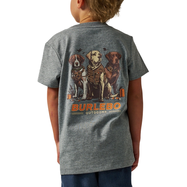 Child wearing a gray t-shirt featuring three dogs and the word 