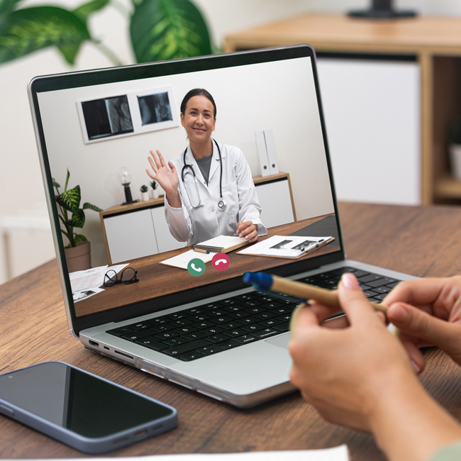 Person having a video consultation with a doctor on a laptop.