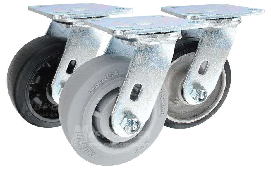 Floor safe & non-marking plate casters that are water, chemical, oil, grease resistant. Thermoplastic rubber, rubber on nylon, rubber on cast iron & more.