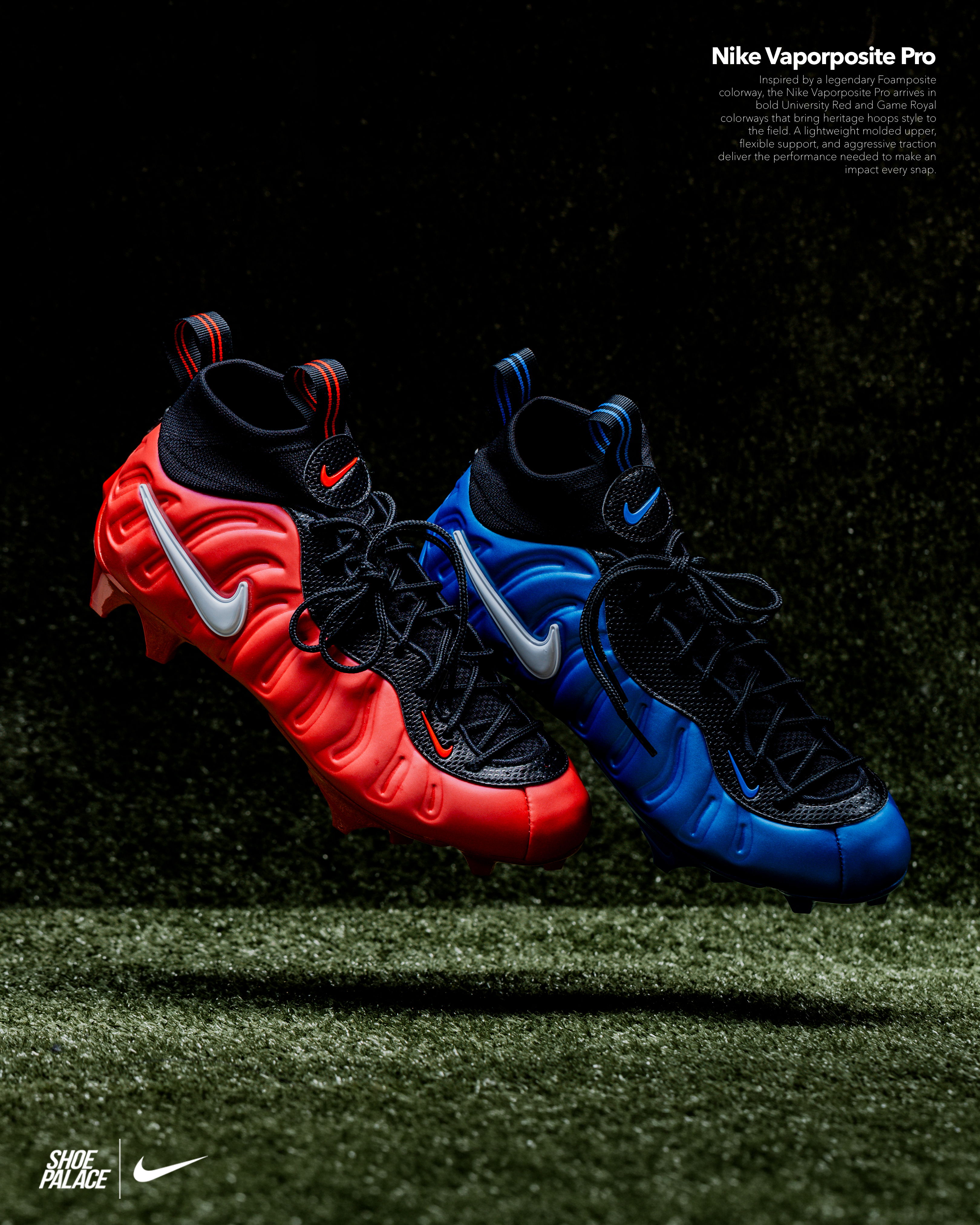 Nike Vaporposite Pro shoes in red and blue on a grass surface.