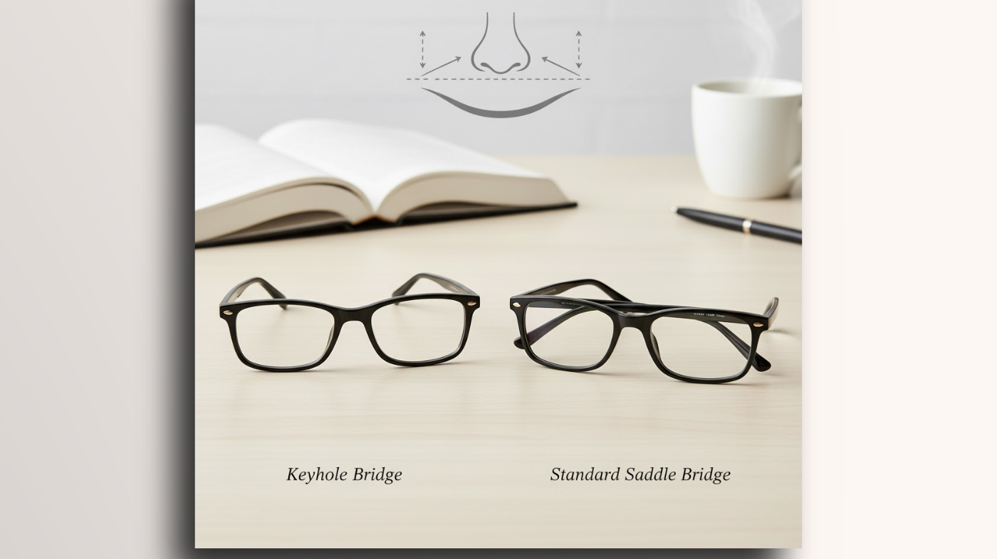 Keyhole bridge vs standard saddle bridge eyeglasses comparison showing different nose bridge designs