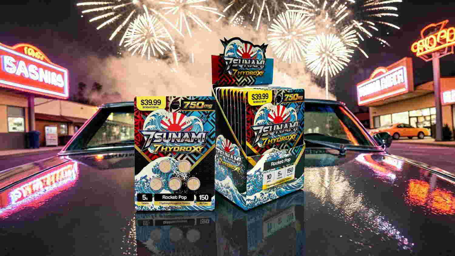 Fireworks boxes displayed with festive background and fireworks in the sky.
