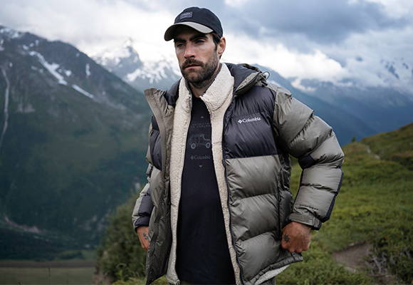 Man Hiking in a Columbia insulated puffer jacket