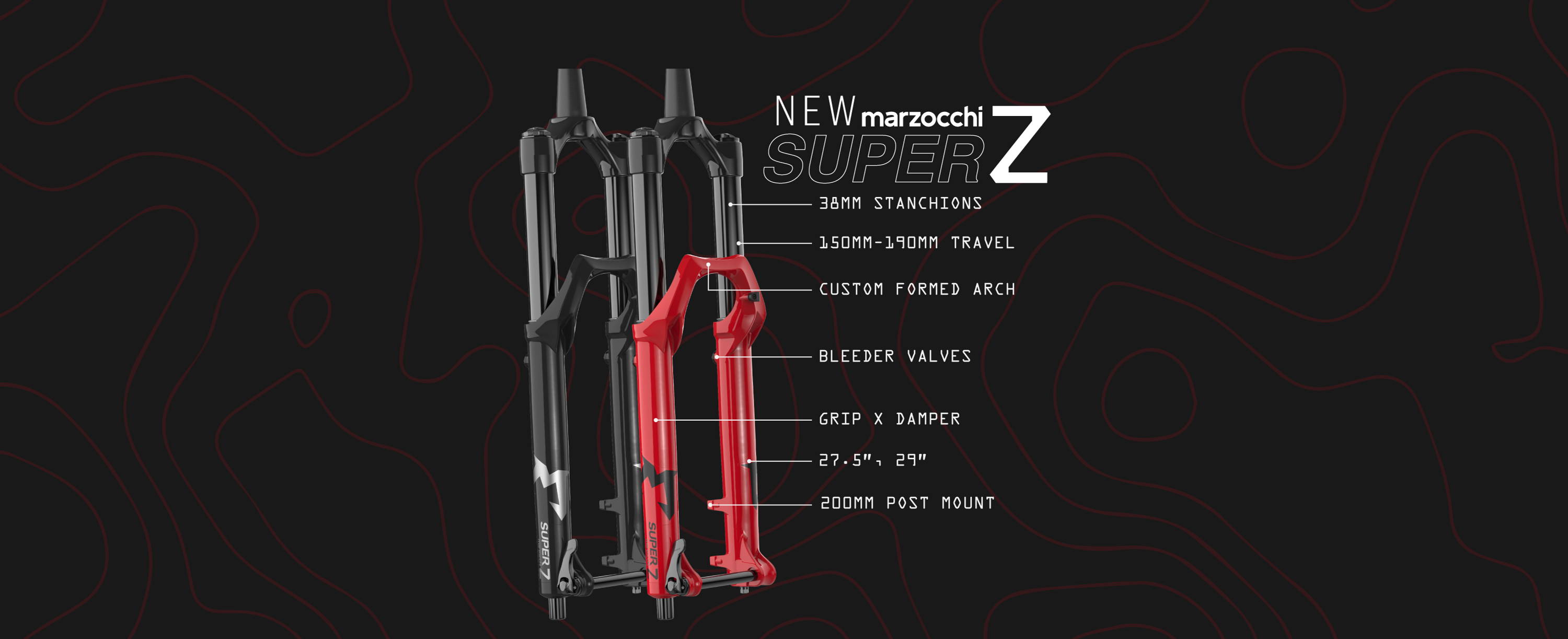 2025 marzocchi super z infographic with stanchion size travel bleeder valves grip x damper and wheel sizes