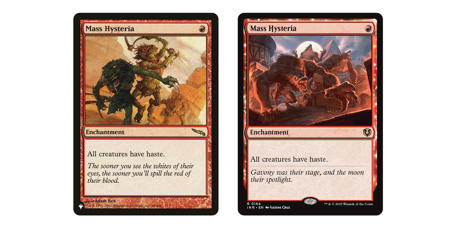 Two red trading cards featuring fantasy artwork and game descriptions.
