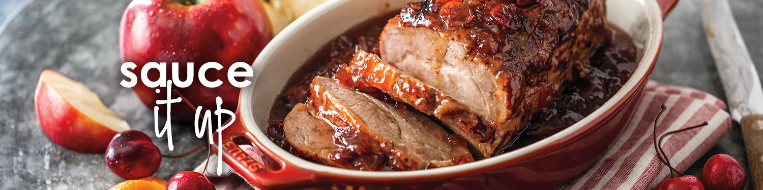 spiced apple berry sauce covering a roast