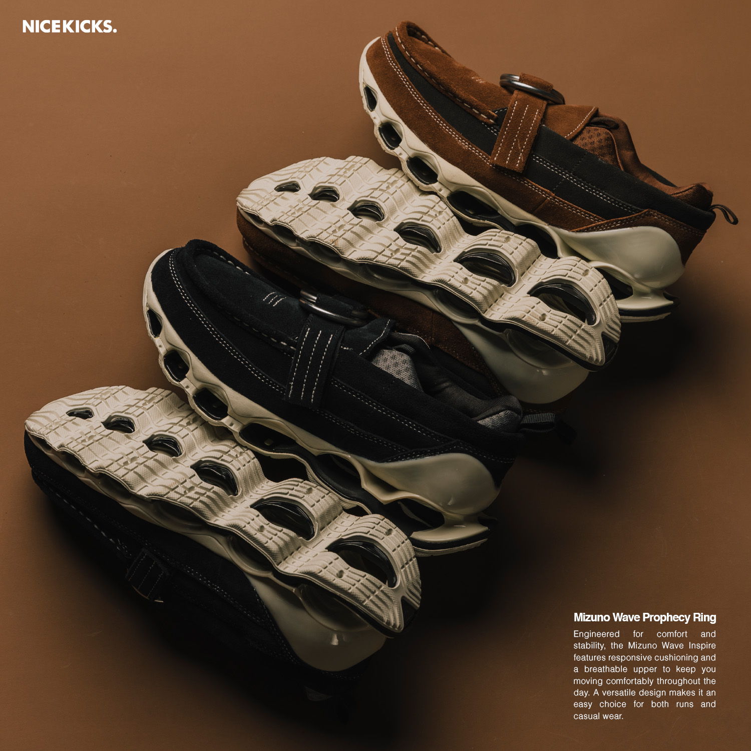 Three pairs of colorful shoes on a brown background.