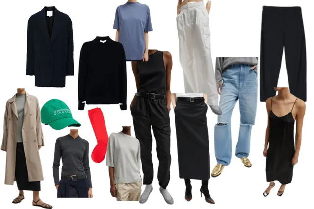 A collage of various clothing items and accessories.