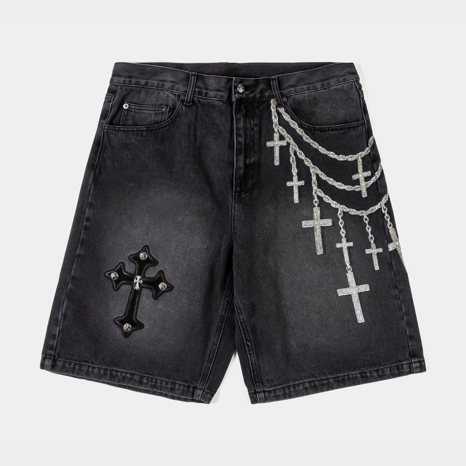 Black denim shorts with cross embellishments and chain design.