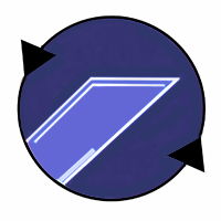 Abstract geometric shape with a blue section and arrows indicating rotation.