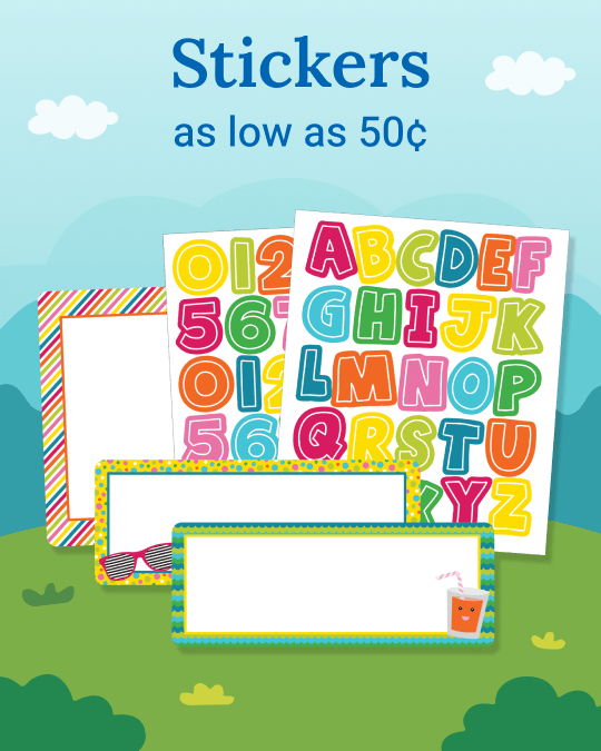 Colorful stickers with letters and frames, advertised for 50 cents.