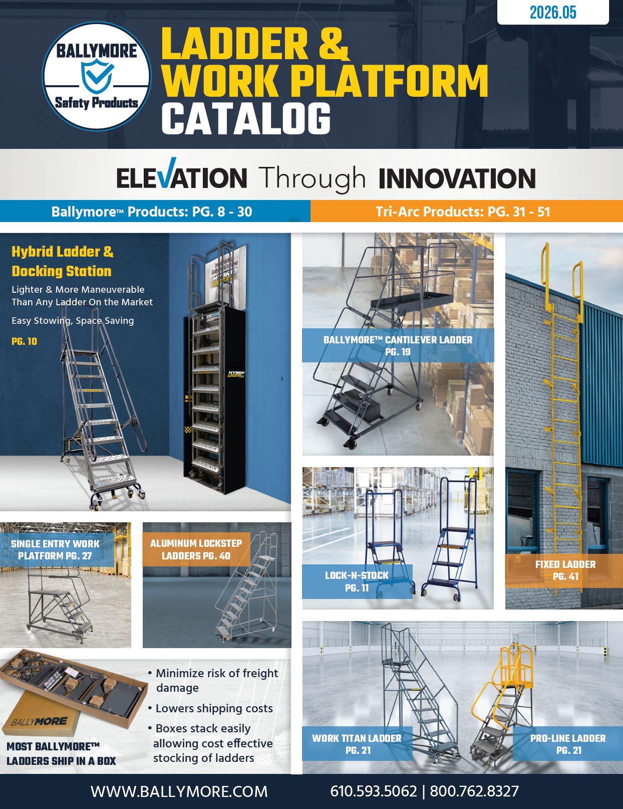 Ladder and work platform catalog cover featuring various ladder designs and safety features.