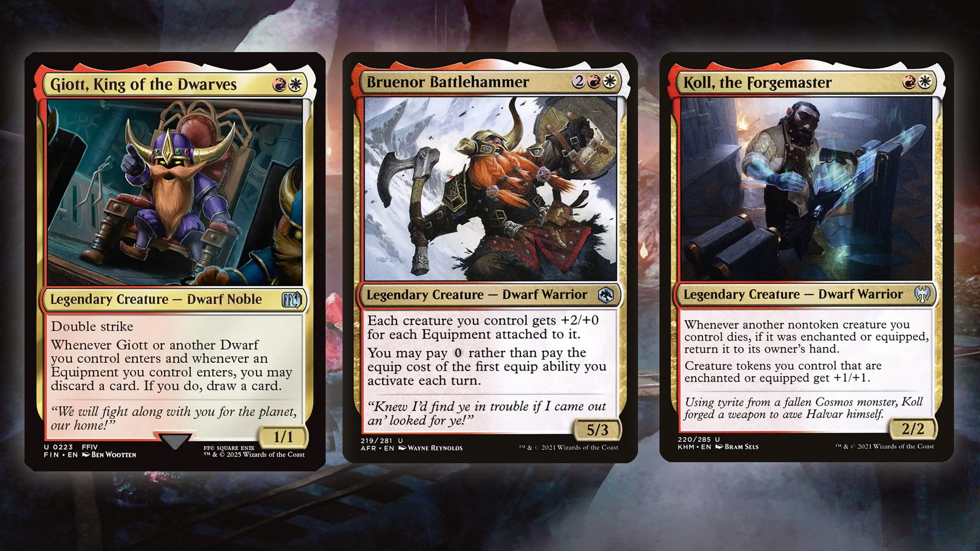 Three past MTG Dwarf Typal Cards Giott, King of the Dwarves, Bruenor Battlehammer, and Koll, the Forgemaster.
