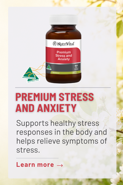 Bottle of Premium Stress and Anxiety supplement with description and call to action.